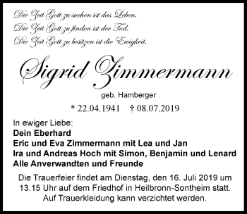 Traueranzeige von Sigrid Zimmermann 