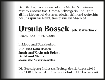 Traueranzeige von Ursula Bossek 