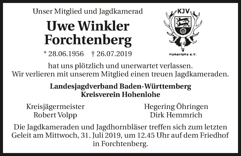  Traueranzeige für Uwe Winkler vom 30.07.2019 aus 