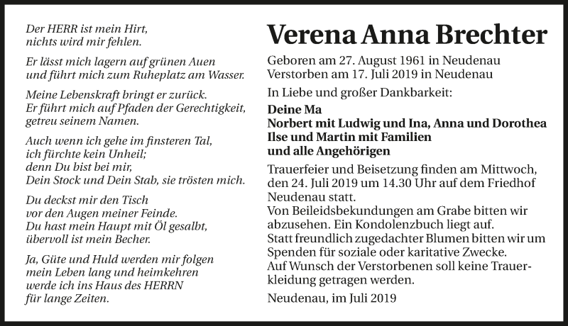  Traueranzeige für Verena Anna Brechter vom 20.07.2019 aus 