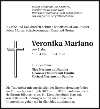 Traueranzeige von Veronika Mariano 