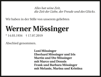 Traueranzeige von Werner Mössinger 