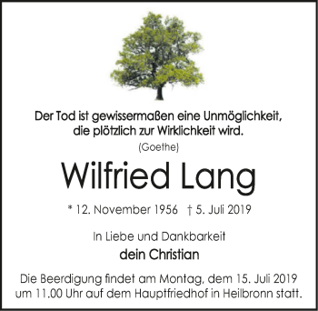 Traueranzeige von Wilfried Lang 