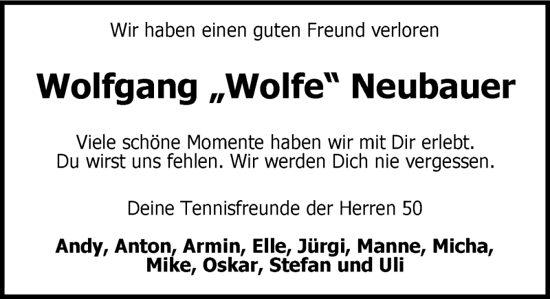  Traueranzeige für Wolfgang Neubauer vom 06.07.2019 aus 