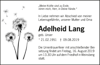 Traueranzeige von Adelheid Lang 