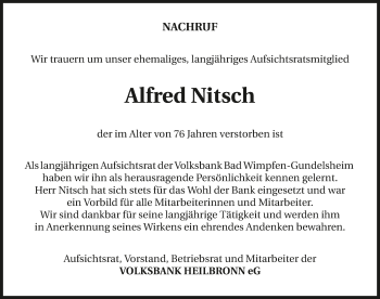 Traueranzeige von Alfred Nitsch 