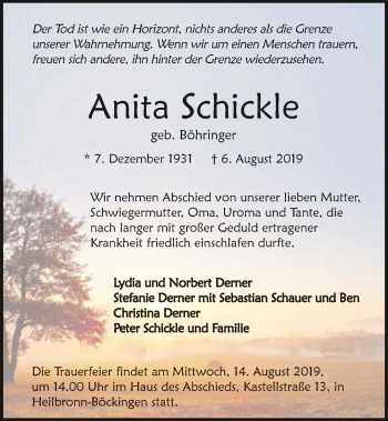 Traueranzeige von Anita Schickle 