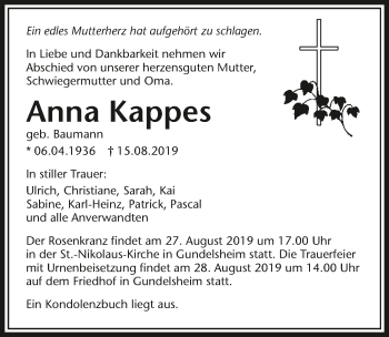 Traueranzeige von Anna Kappes 