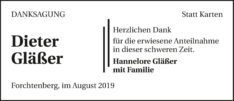  Traueranzeige für Dieter Gläßer vom 17.08.2019 aus 