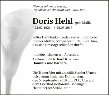 Traueranzeige von Doris Hehl 