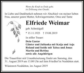 Traueranzeige von Elfriede Weimar 