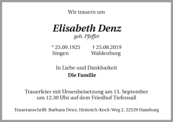 Traueranzeige von Elisabeth Denz 