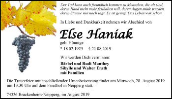 Traueranzeige von Else Haniak 