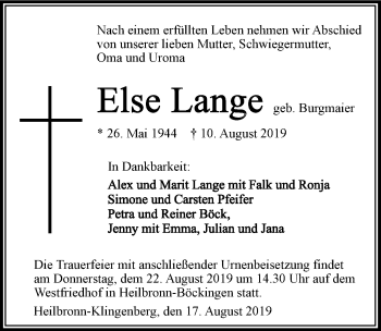 Traueranzeige von Else Lange 