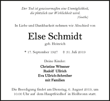 Traueranzeige von Else Schmidt 