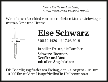 Traueranzeige von Else Schwarz 