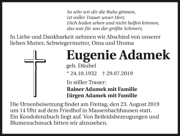 Traueranzeige von Eugenie Adamek 