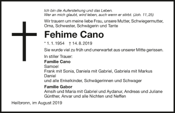 Traueranzeige von Fehime Cano 