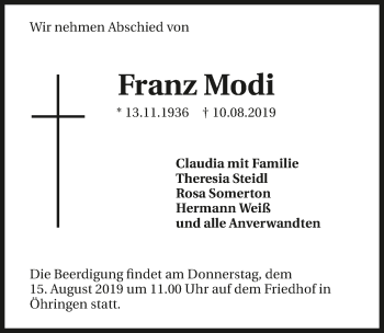 Traueranzeige von Franz Modi 