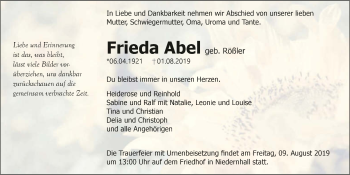 Traueranzeige von Frieda Abel 