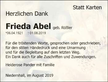 Traueranzeige von Frieda Abel 