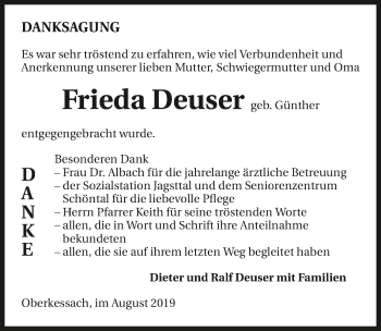 Traueranzeige von Frieda Deuser 