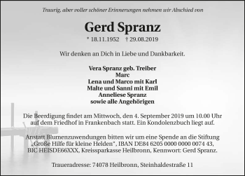 Traueranzeige von Gerd Spranz 
