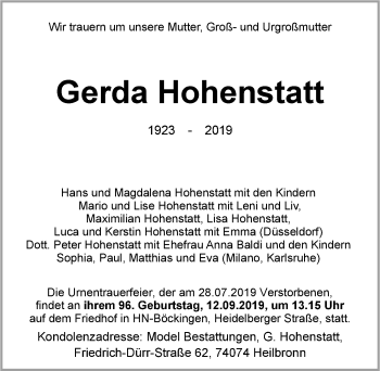 Traueranzeige von Gerda Hohenstatt 