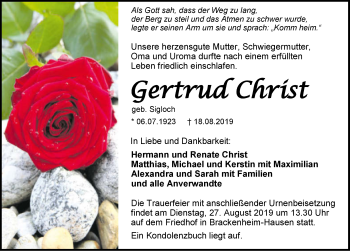 Traueranzeige von Getrud Christ 