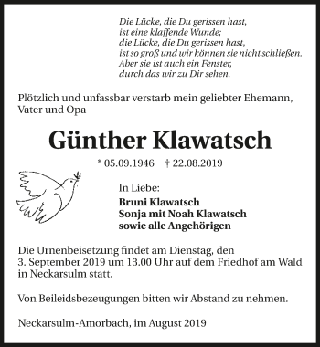 Traueranzeige von Günther Klawatsch 