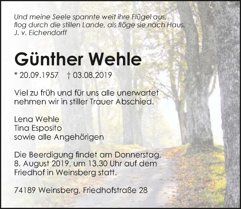  Traueranzeige für Günther Wehle vom 06.08.2019 aus 