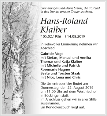 Traueranzeige von Hans-Roland Klaiber 