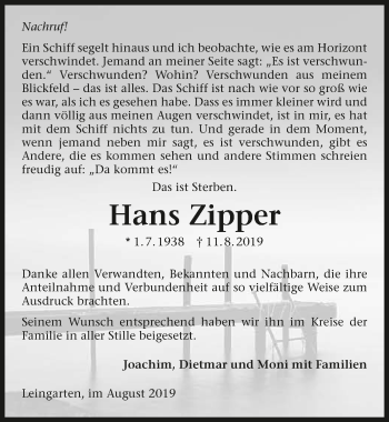 Traueranzeige von Hans Zipper 