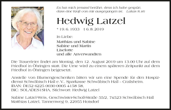 Traueranzeige von Hedwig Latzel 