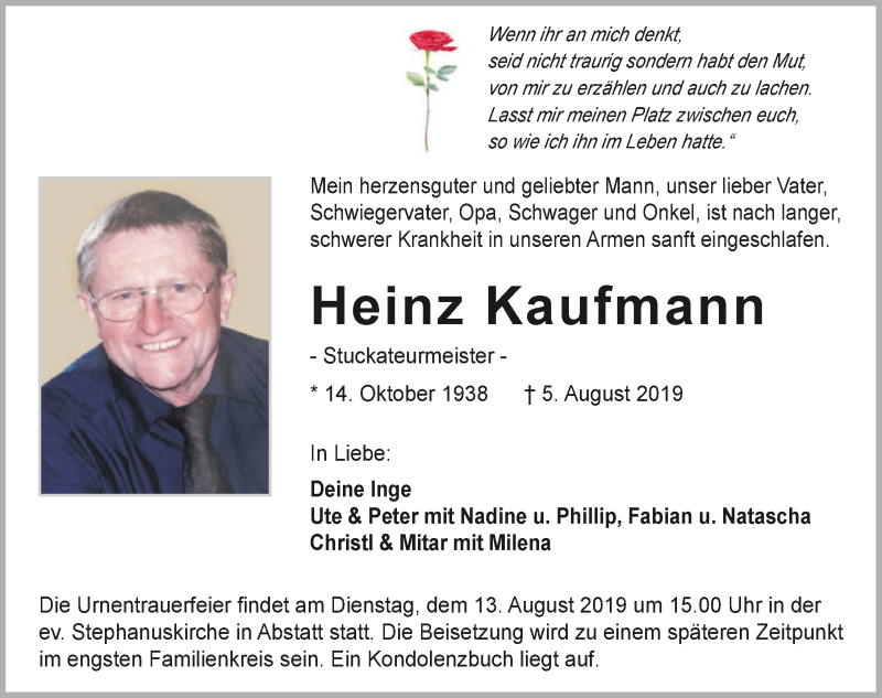  Traueranzeige für Heinz Kaufmann vom 08.08.2019 aus 