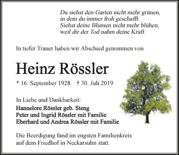 Traueranzeige von Heinz Rössler 