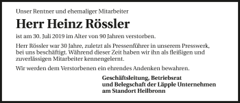 Traueranzeige von Heinz Rössler 