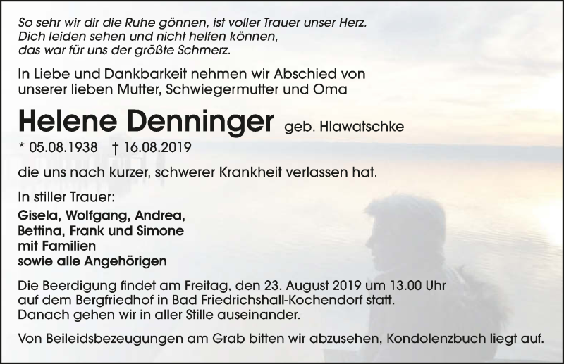  Traueranzeige für Helene Denninger vom 21.08.2019 aus 