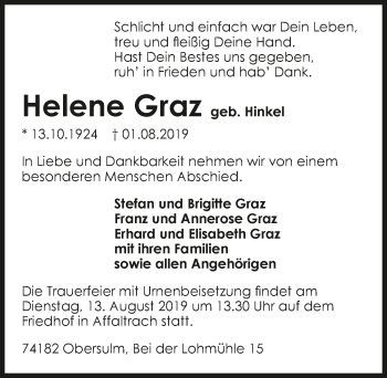 Traueranzeige von Helene Graz 