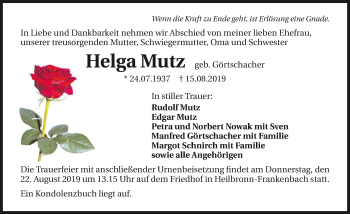 Traueranzeige von Helga Mutz 