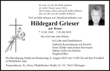 Traueranzeige von Hildegard Grieser 