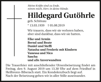 Traueranzeige von Hildegard Gutöhrle 