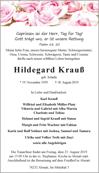 Traueranzeige von Hildegard Krauß 