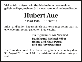 Traueranzeige von Hubert Aue 