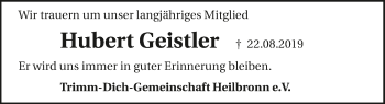 Traueranzeige von Hubert Geistler 