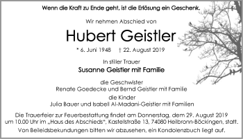 Traueranzeige von Hubert Geistler 