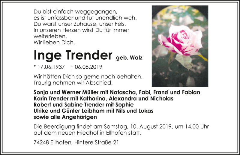  Traueranzeige für Inge Trender vom 08.08.2019 aus 