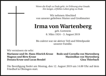 Traueranzeige von Irma von Wartenberg 