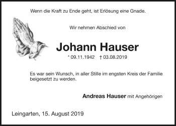 Traueranzeige von Johann Hauser 