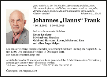 Traueranzeige von Johannes Frank 